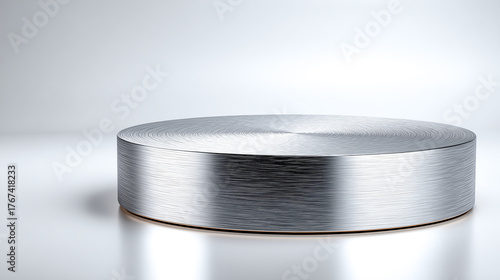 Sleek metal podium brushed silver surface circular stage minimalist display modern pedestal reflective texture studio light clean background product showcase futuristic shine. Sleek metal podium