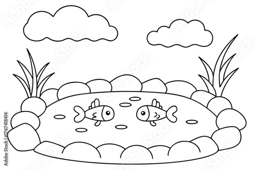 Two cartoon fish swimming in a pond surrounded by rocks and reeds drawing illustration