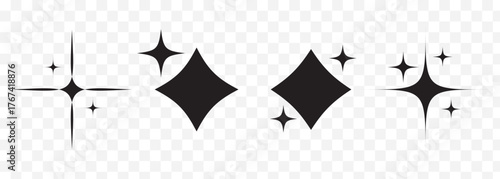 Sparkle Icons. Twinkle stars set. Shine star icons. Shine, glitter, twinkling star. star shapes suggesting sparkle or cleanliness in solid black On Transparent Background. EPS 10.