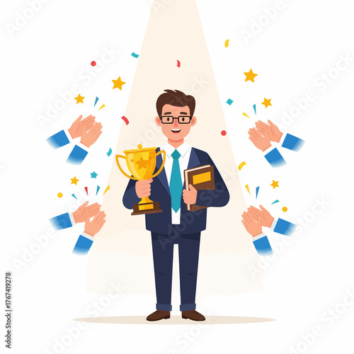 An illustration of a successful businessman or author standing under a spotlight, proudly holding a gold trophy and a book while being applauded for outstanding achievement and victory