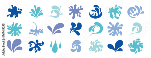 Blue watercolor doodle drops and splashes with fluid shapes hand drawn