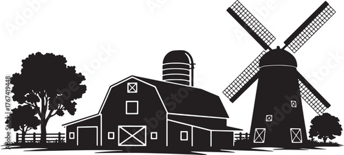 Silhouette Farm with Barn and Windmill Scene Black and White Agriculture Landscape Rural Scene