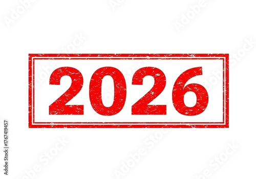 A bold red number 2026 is prominently displayed within a red-bordered rectangle. The overall aesthetic suggests a stamp or official marking on a clean backdrop.