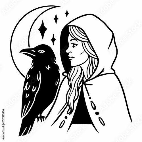 witch, crow on shoulder, intricate line art, portrait, detailed, Halloween, mystical, magical, sorceress, familiar, gothic, illustration, fantasy, hat, profile, hatching, stippling, occult, elegant