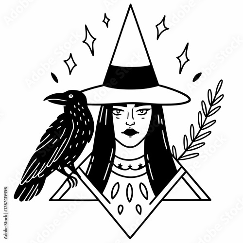 witch, crow on shoulder, intricate line art, portrait, detailed, Halloween, mystical, magical, sorceress, familiar, gothic, illustration, fantasy, hat, profile, hatching, stippling, occult, elegant