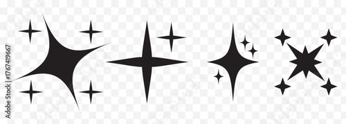 Sparkle Icons. Twinkle stars set. Shine star icons. Shine, glitter, twinkling star. star shapes suggesting sparkle or cleanliness in solid black On Transparent Background. EPS 10.