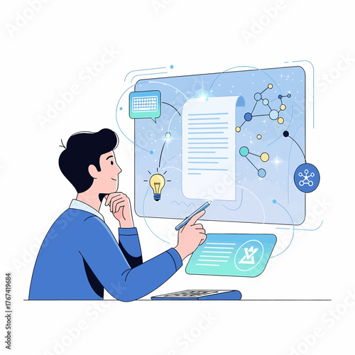Professional author writing and developing content digitally. Illustration depicting the creative process, merging writing, new ideas, data analysis, and advanced technology