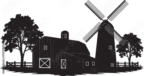 Barn Silhouette Farmhouse Windmill on Agricultural Countryside Scenery Vector Illustration