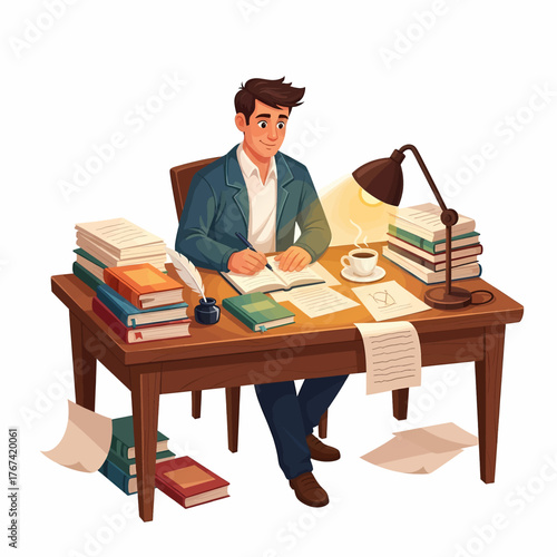 A cheerful cartoon man works diligently at his messy desk, surrounded by stacks of books, papers, a glowing lamp, and a steaming cup of coffee