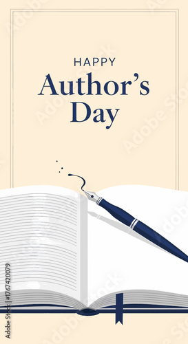 Elegant vector illustration celebrating Happy Author's Day, featuring a classic open book and fountain pen with ink splash