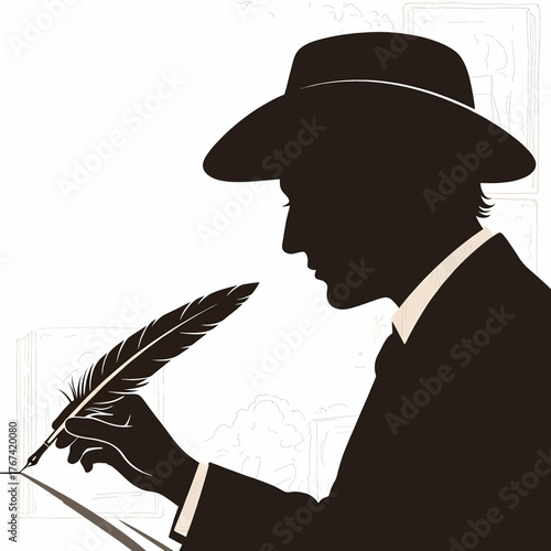 Stylized silhouette illustration of an author or poet wearing a hat, intensely focused on writing with a traditional feather quill pen