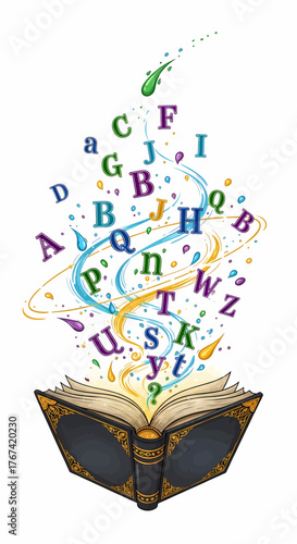 Vibrant illustration depicting colorful alphabet letters, ink drops, and magical swirls bursting forth from the pages of an antique open book. Symbolizes literacy, education, storytelling, and the mag