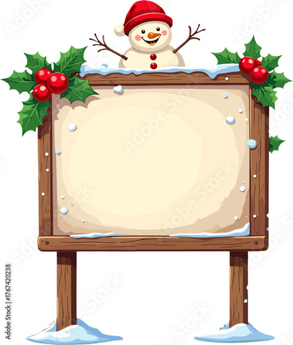 Winter wooden billboard with snowman, holly leaves and red ornaments, festive Christmas signage, seasonal decorative board with snow, cheerful holiday design isolated on white
