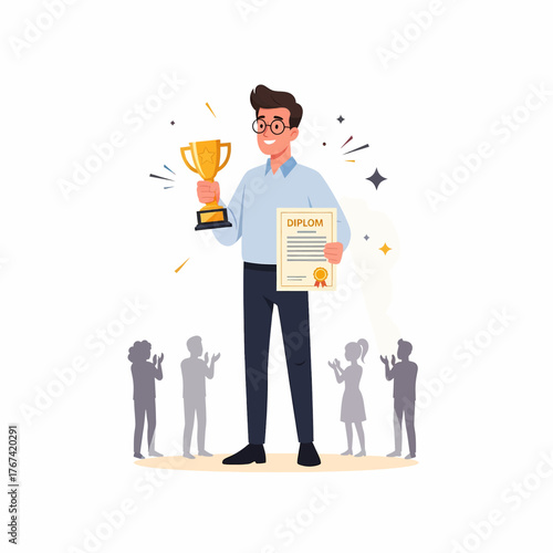 Vector illustration depicting a triumphant man proudly holding a golden trophy and a diploma, receiving applause from his audience