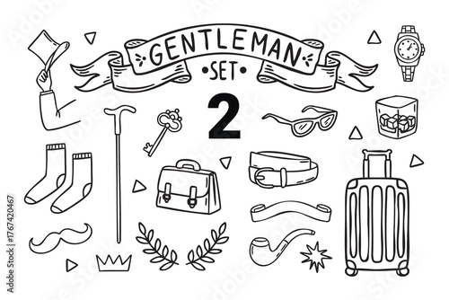 Vintage gentleman set with hand tip hat socks cane key briefcase belt pipe suitcase whiskey watch glasses laurel crown line art monochrome hand drawn