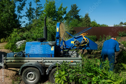 Male Arborist using a working wood chipper machine.The tree surgeon is wearing a safety helmet with a visor and ear protectors.