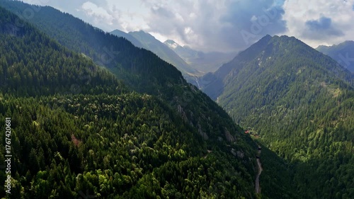 Mountain slopes and forest in Fagaras Mountains, Romania. Drone view of green forested slopes of the Fagaras Mountains with layered ridges fading into the misty horizon in Romania.