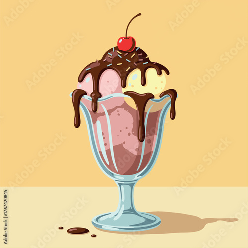 Delicious Ice Cream Sundae with Chocolate Sauce and Cherry
