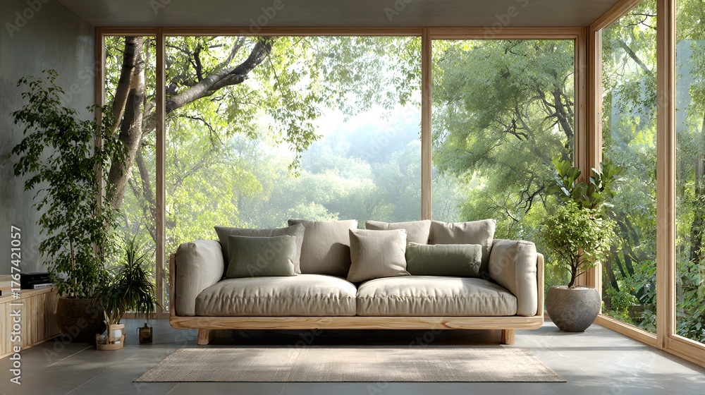 Fototapeta premium Comfortable sofa in a modern living room with large windows. This serene and peaceful interior design photo looks out into a beautiful sun-drenched forest.