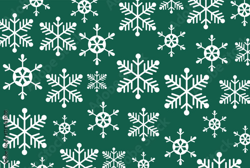 Seamless pattern of various sized white snowflakes on a deep forest green background. High-contrast vector ideal for Christmas backgrounds, winter wrapping paper, and holiday design.