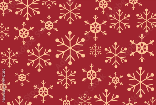 Seamless pattern of various sized gold snowflakes densely scattered on a deep red background. Warm vector design perfect for traditional Christmas greetings and winter holiday backdrops.