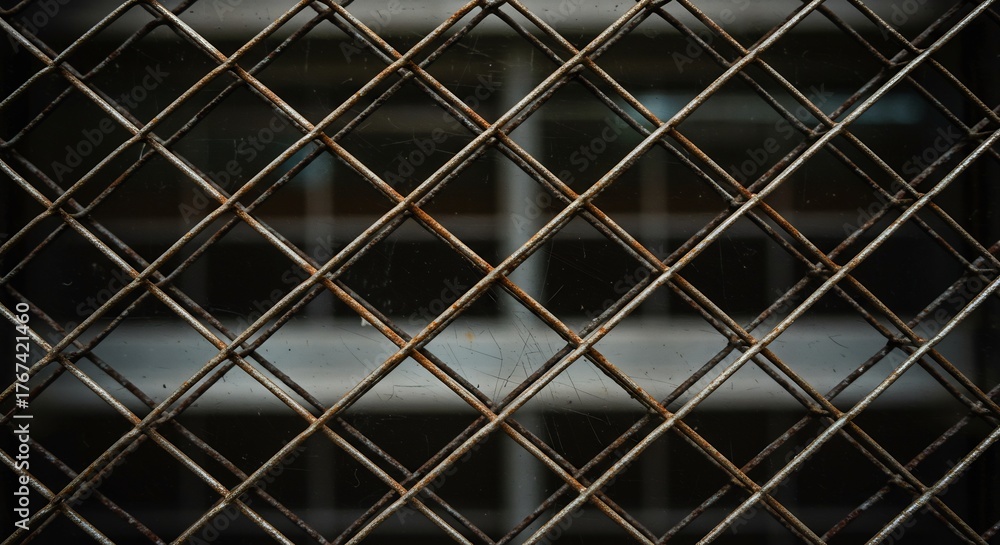 Fototapeta premium Closeup of a rusty wire mesh over a blurred windowlike background