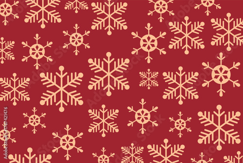 Seamless pattern of various sized gold snowflakes densely scattered on a deep red background. Warm vector design perfect for traditional Christmas greetings and winter holiday backdrops.