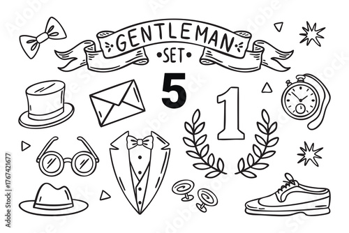 Vintage gentleman set with bow tie top hat hat glasses letter suit collar waistcoat cufflinks laurel one pocket watch shoe star line art monochrome hand drawn