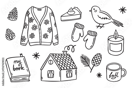 Cozy autumn doodle set with cardigan and pumpkin, pie, mittens and house, book, notebook, lettering, cones, bird, candle, mug, line art monochrome hand drawn outline