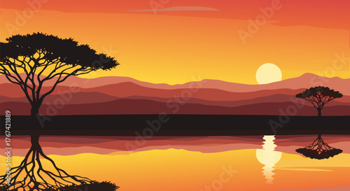 Serene Sunset Scene with Silhouetted Trees and Reflections, Calm Nature Illustration