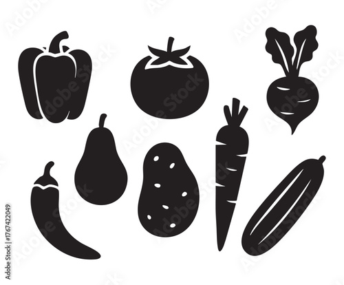 Assortment of black silhouettes of fresh vegetables and a pear on white fruit bell pepper