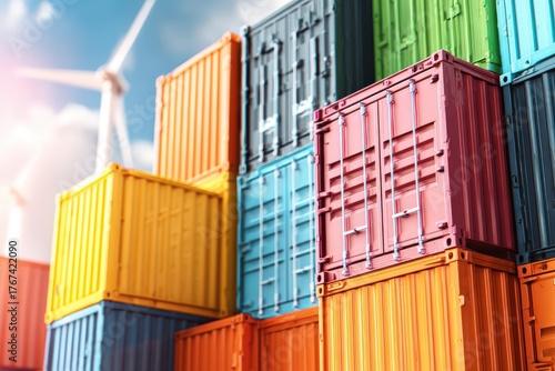 Colorful shipping containers stacked against a backdrop of wind turbines symbolizing sustainability and innovation in modern logistics and renewable energy systems