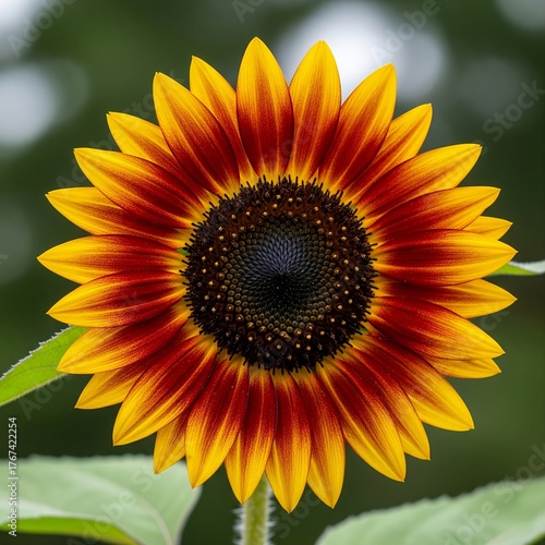 A vibrant sunflower with yellow and reddish-orange petals, in full bloom