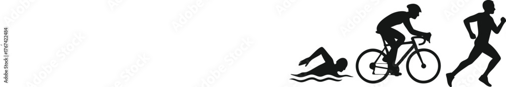 Naklejka premium Triathlon icons set, collection and group. Silhouette of athletes swimming, cycling, and running in competition. Sport vector illustration for endurance, performance, and athletic challenge design