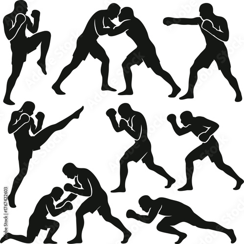 Mixed martial arts icons set, collection and group. Silhouette of fighters training, punching, grappling, and defending in MMA combat. Sport vector illustration for strength, power, and competition de