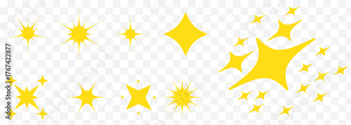 Set of blinking stars, sparks and sparkles. Shining twinkle sunburst shapes collection. Magic light flare pack for design template, poster, banner, brochure, leaflet. Vector glint glitter. EPS 1O