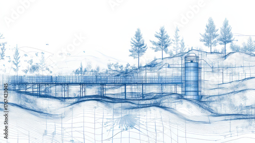 Forest purification station – Digital blueprint schematic of solar-powered water purification station in forest valley with contour mapping and layered filtration. White background.