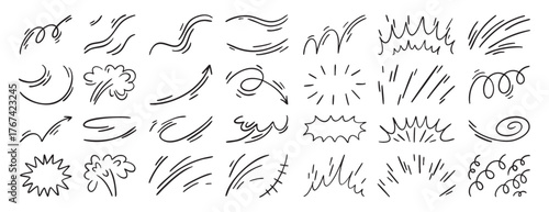 Expression and movement elements. Hand drawn emotion line, effects. Abstract hitting, jumping animation. Doodle curves, swirl, shape, motion. Vector set. Isolated puff and curved.