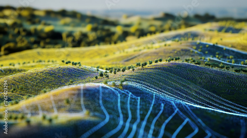 Smart vineyards – Digital map of automated drone monitoring routes over vineyards with precision agriculture network overlay. White background.