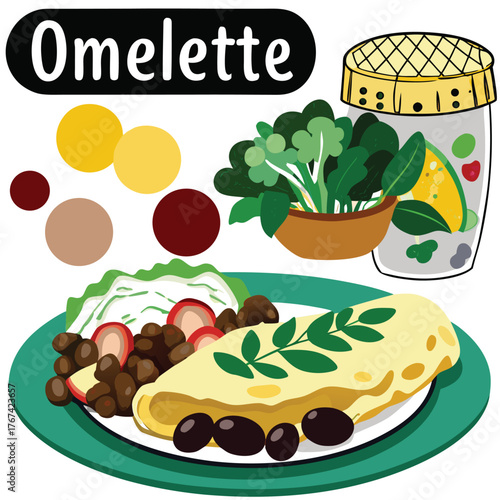 Omelette Meal with Salad and Jar of Greens food breakfast