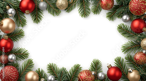 Festive Holiday Frame with Decorative Ornaments and Fir Tree Branches on White Background