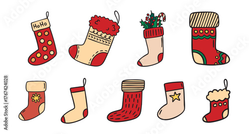 Christmas stockings clipart set with festive socks for gifts and fireplace hanging, cozy holiday collection, hand drawn.