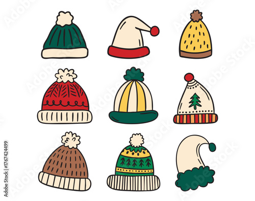 Winter hat icons clipart set with cozy beanies and pom poms, knitted patterns, hand drawn.