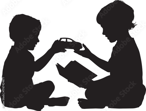 Silhouette Illustration of Children Sharing a Toy Car and Book Black on Transparent Backdrop
