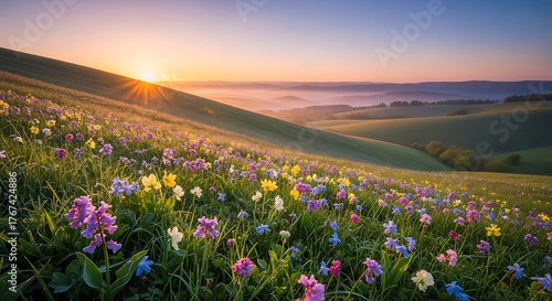 Fototapeta Naklejka Na Ścianę i Meble -  Sunrise over a flower-filled meadow in the English countryside.