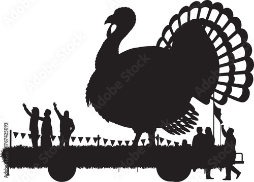 Thanksgiving Turkey Parade Float Silhouette with Cheering People on Transparent Backdrop