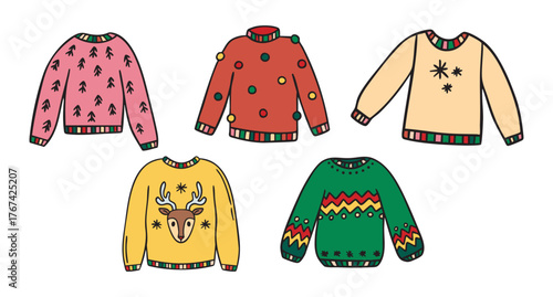 Christmas sweaters clipart set with reindeer, baubles, trees and snowflakes, cozy winter collection, hand drawn.