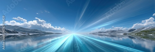 Futuristic speed lines illuminate a tranquil water surface, leading towards a distant horizon under a bright blue sky