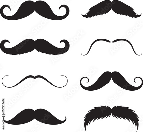 Black Mustache Collection Set with Different Shapes on Transparent Background Vector