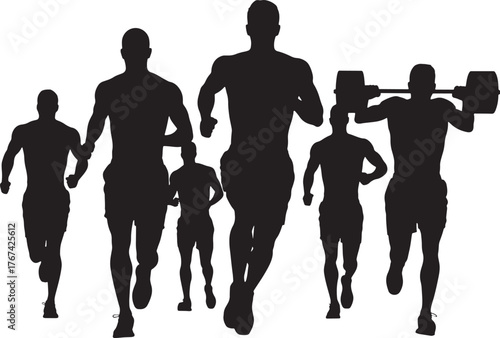 Silhouette Illustration of Athletes Running with Weights Competitive Sports Fitness Concepts